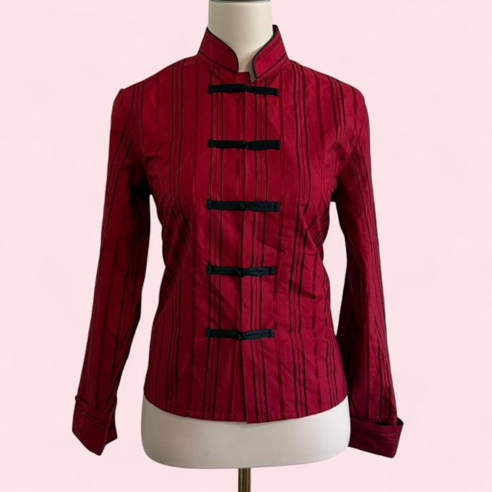Y2K Vintage Design Lab 100% Silk Red‎ Pinstripe Blouse with Frog Closures Size S